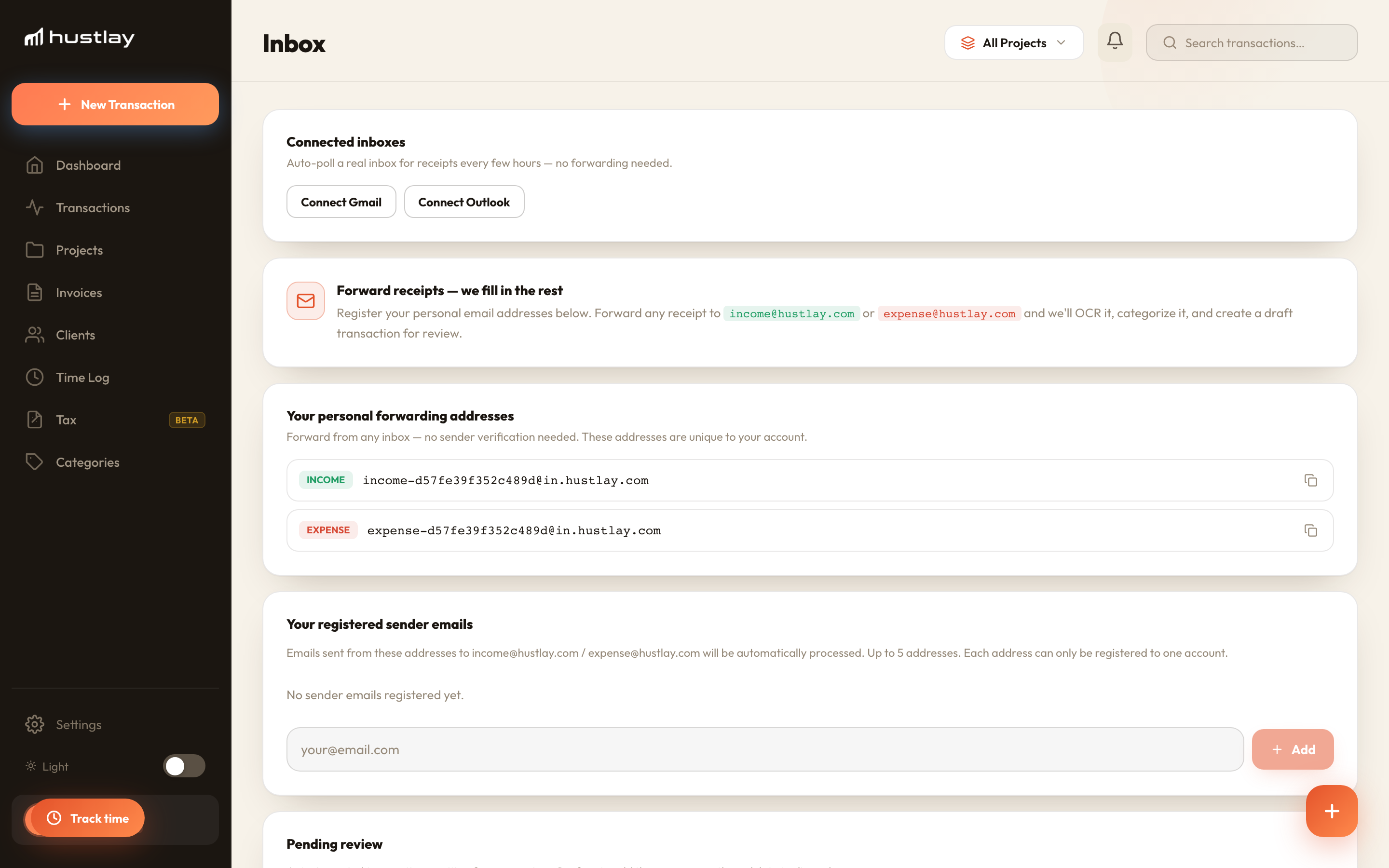 Receipt inbox with parsed vendor, amount and a confirm button