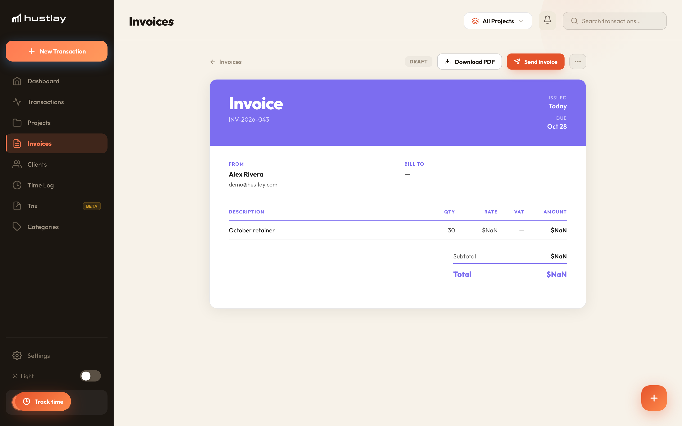 Invoice detail with status, dates and line items