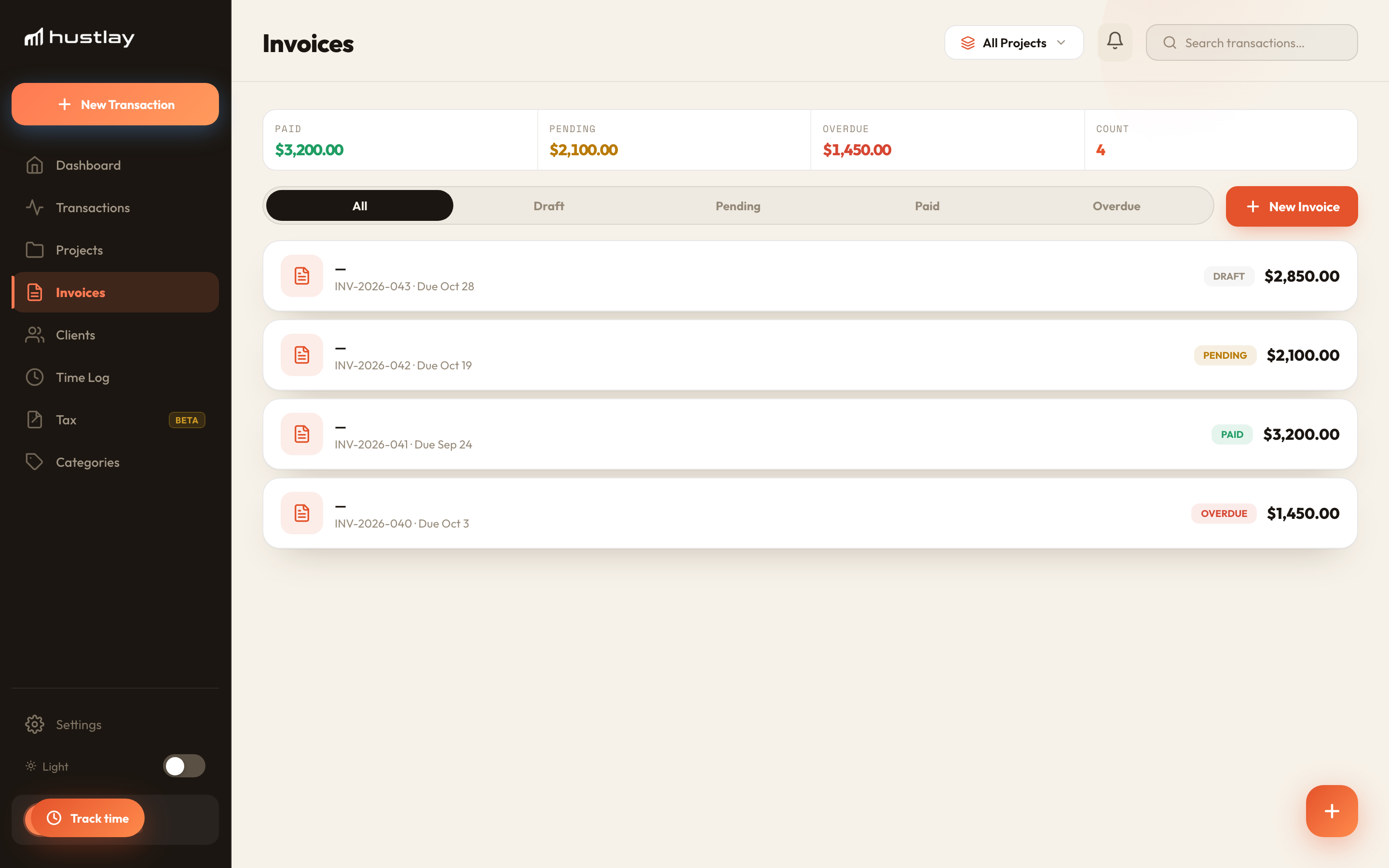 Invoice list with paid, pending and overdue status
