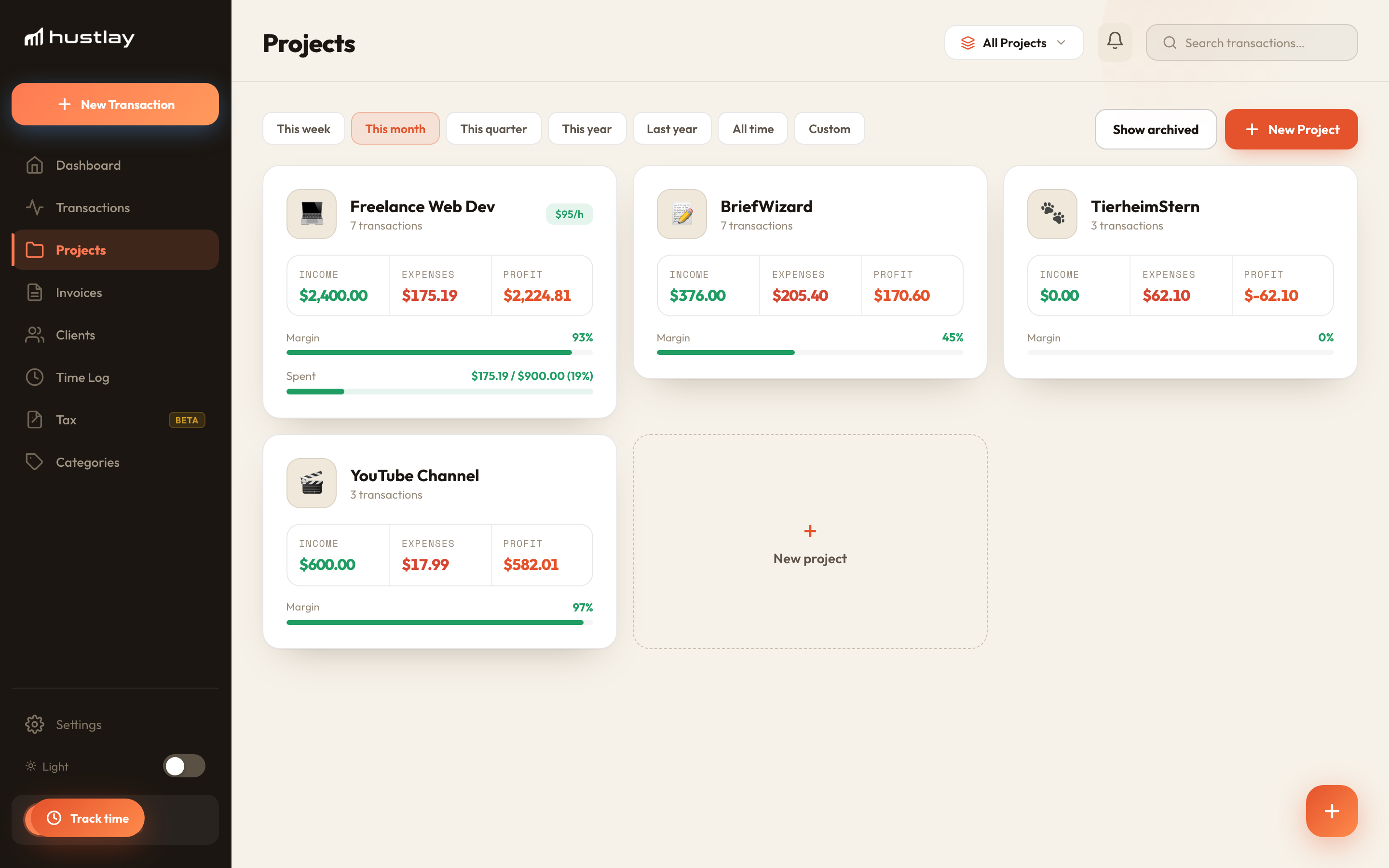 Projects screen with four income streams and their income, expenses, profit and margin