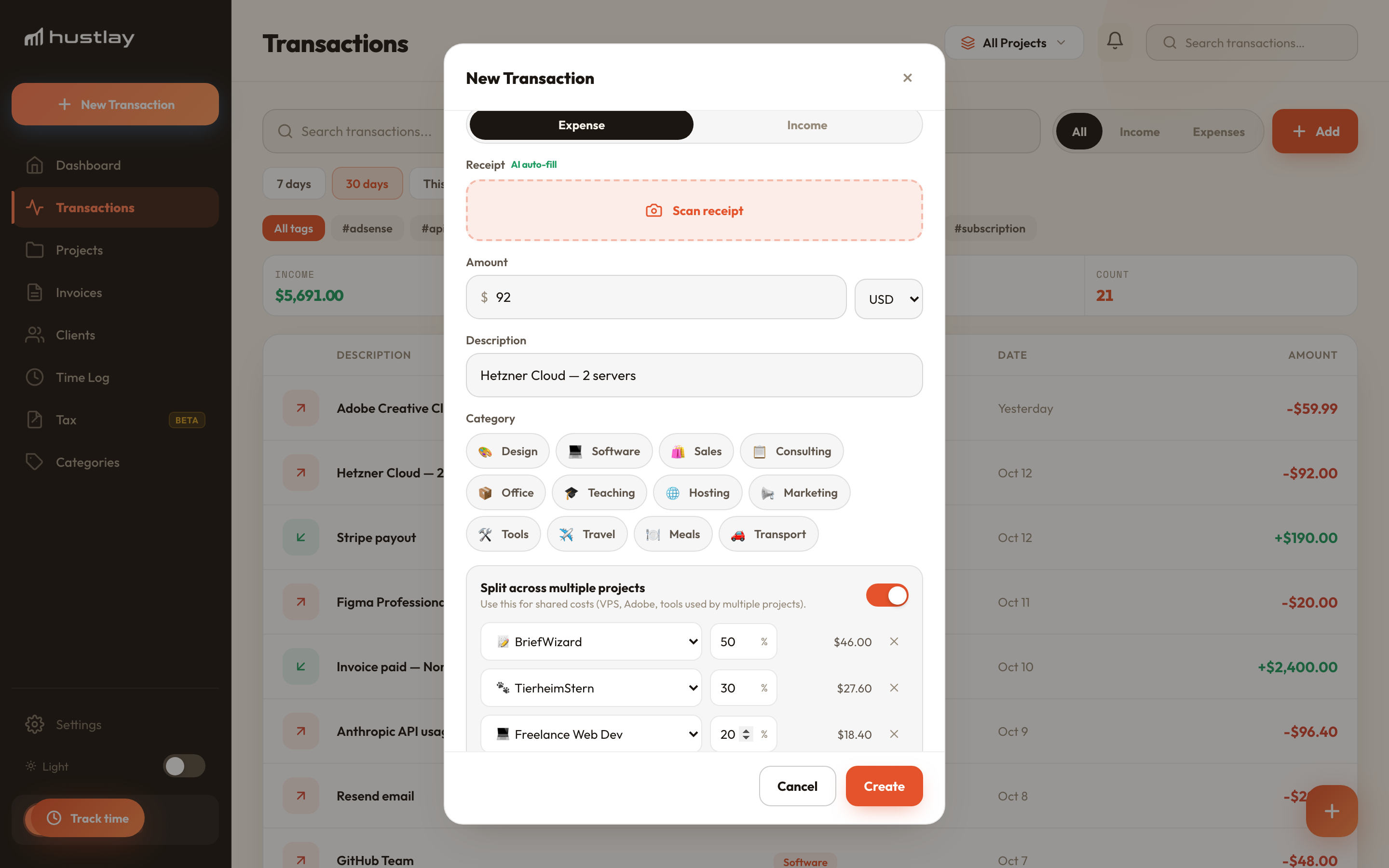 New transaction form with cost split across three projects at 50/30/20