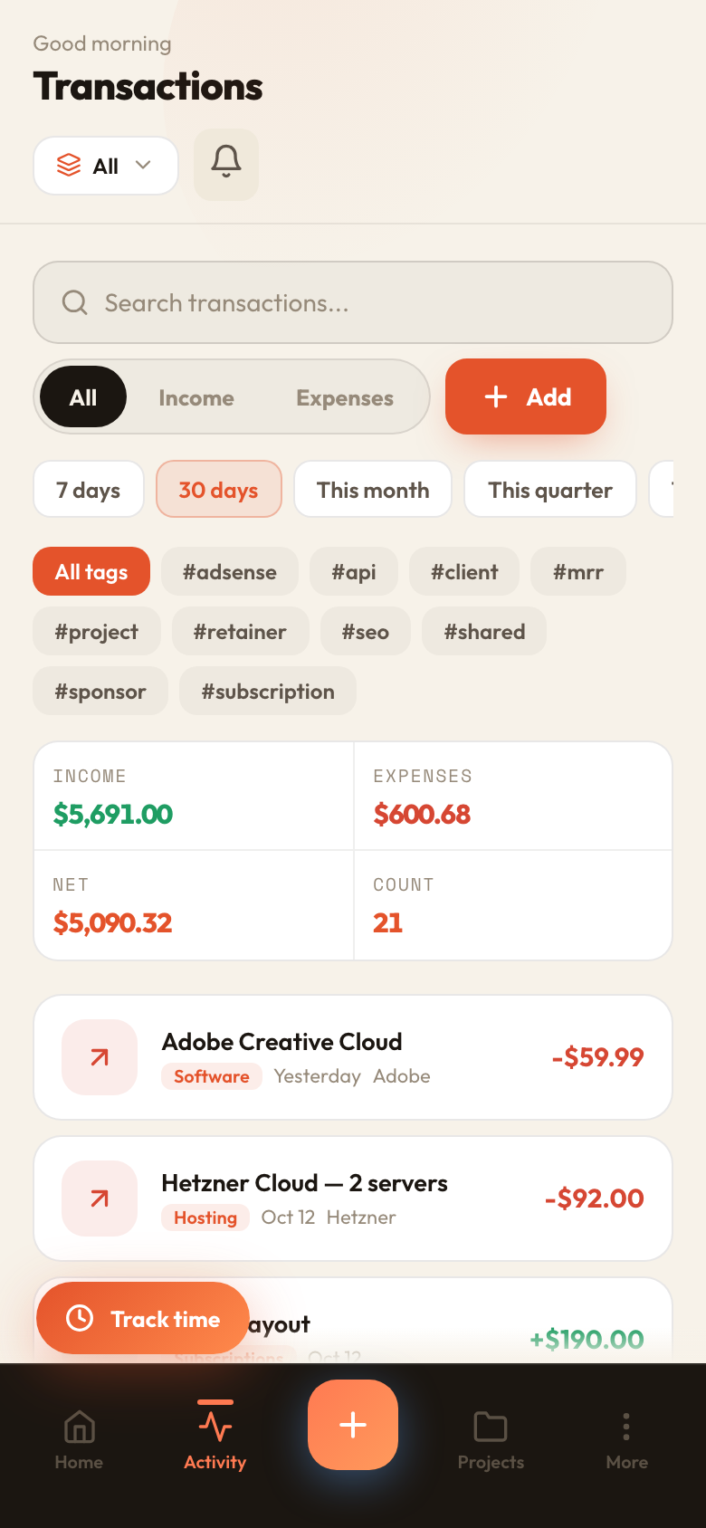 Transactions on mobile with tags, categories and a running net total